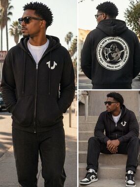 True Religion Buddha Zip Hoodie NWT SzL Black Graphic Logo Streetwear